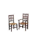 AN ASSOCIATED SET OF SIX OAK AND ASH SPINDLE BACK CHAIRS,