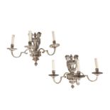 A PAIR OF EDWARDIAN SILVERED BRONZE THREE LIGHT WALL APPLIQUES, IN REGENCE STYLE,