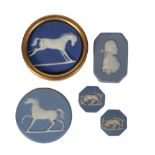 FIVE MINIATURE BLUE JASPERWARE CAMEOS, 18TH/19TH CENTURY