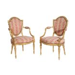 A SET OF FOUR CARVED AND GILTWOOD FAUTEUILS, IN LOUIS XV STYLE,