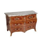 A LOUIS XV WALNUT AND MARBLE TOPPED COMMODE,