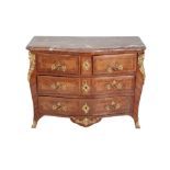 A LOUIS XV KINGWOOD, CROSSBANDED AND MARBLE TOPPED SERPENTINE FRONTED COMMODE,