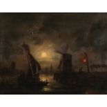 DUTCH SCHOOL, 19TH CENTURY, Nocturnal harbour scene with figures and a windmill
