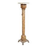A CONTINENTAL GILT BRONZE AND MARBLE TOPPED PEDESTAL IN ROMANESQUE STYLE,