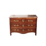 A LOUIS XV WALNUT AND MARBLE TOPPED COMMODE,