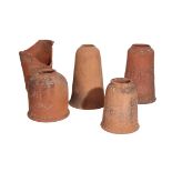 FIVE VARIOUS VICTORIAN TERRACOTTA RHUBARB FORCERS,