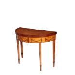 A SATINWOOD AND MARQUETRY DEMI-LUNE FOLDING CARD TABLE IN SHERATON TASTE,