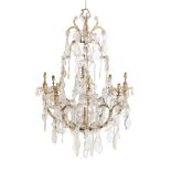 A METAL AND GLASS HUNG EIGHT LIGHT CHANDELIER, IN LOUIS XV STYLE,