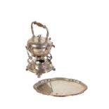 AN ITALIAN SILVER TEAPOT AND BURNER CRADLE,