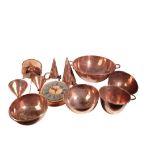 A COLLECTION OF COPPER BASINS, FUNNELS AND UTENSILS,