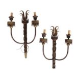 A PAIR OF WROUGHT IRON TWIN LIGHT WALL APPLIQUES, IN GOTHIC REVIVAL TASTE,