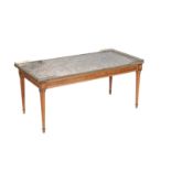 A LOUIS XVI STYLE MAHOGANY AND MARBLE TOPPED LOW OCCASIONAL TABLE,