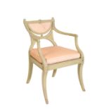 A REGENCY PAINTED WOOD ELBOW CHAIR,