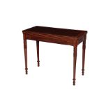 A GEORGE III MAHOGANY AND SYCAMORE STRUNG CARD TABLE, IN SHERATON TASTE,