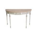 A PAINTED WOOD AND COMPOSITION DEMI-LUNE CONSOLE TABLE, IN NEOCLASSICAL STYLE,