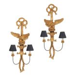 A PAIR OF GILTWOOD TWIN LIGHT WALL APPLIQUES IN EMPIRE STYLE,