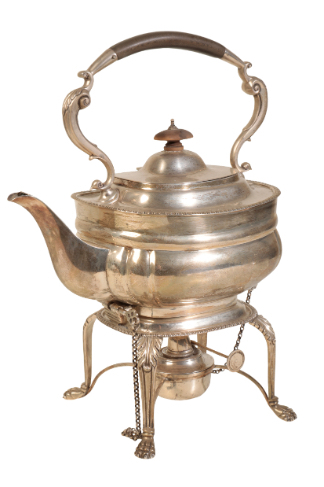 A 20TH CENTURY SILVER KETTLE AND STAND