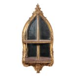 A SET OF EARLY VICTORIAN GILT COMPOSITION AND MIRROR BACKED CORNER WALL SHELVES IN ROCOCO TASTE,