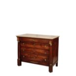 AN EMPIRE CHERRY WOOD, GILT BRONZE MOUNTED AND MARBLE TOPPED COMMODE,