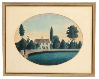 NAIVE SCHOOL, 19TH CENTURY Figures approaching a grand house flanked by trees - Image 2 of 2