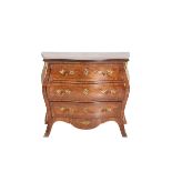 A WALNUT AND PARQUETRY BOMBE COMMODE, IN CONTINENTAL 18TH CENTURY STYLE,