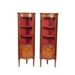 A PAIR OF KINGWOOD VENEERED, MARBLE TOPPED AND GLAZED CORNER VITRINES IN 18TH CENTURY TASTE,