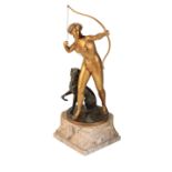 AFTER OTTO POERTZEL, (GERMAN 1876 â€“ 1963), A GILT AND PATINATED BRONZE GROUP OF DIANA AND HER HOUN
