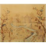 A SILWORK EMBROIDERY PICTURE OF BIRDS AND ANIMALS IN A LANDSCAPE,