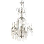 A SILVERED METAL AND GLASS HUNG TEN LIGHT CHANDELIER, IN LOUIS XV STYLE,