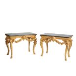 A PAIR OF CARVED GILTWOOD AND MARBLE TOPPED SIDE TABLES, IN LOUIS XV STYLE,