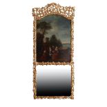 A GILT COMPOSITION FRAMED TRUMEAU MIRROR, IN 18TH CENTURY STYLE,