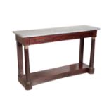 A RESTAURATION MAHOGANY AND MARBLE MOUNTED CONSOLE TABLE,