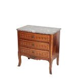 A LOUIS XVI STYLE KINGWOOD PARQUETRY AND MARBLE TOPPED COMMODE,