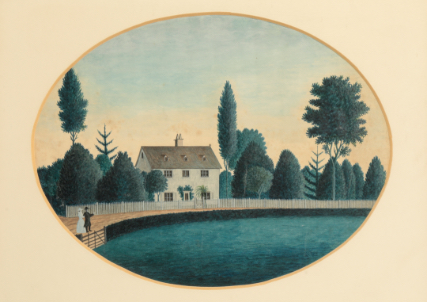 NAIVE SCHOOL, 19TH CENTURY Figures approaching a grand house flanked by trees