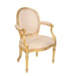 A GILTWOOD AND UPHOLSTERED FAUTEUIL, IN LATE LOUIS XV TASTE,