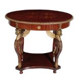 A MAHOGANY, MARQUETRY AND GILT METAL MOUNTED CENTRE TABLE IN RESTAURATION STYLE,