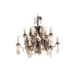 A WROUGHT IRON AND GLASS HUNG TWELVE LIGHT CHANDELIER,