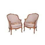 A PAIR OF CARVED BEECH AND UPHOLSTERED BERGÃˆRES, IN LOUIS XV STYLE,