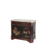 A FRENCH CHINOISERIE LACQUERED AND MARBLE TOPPED COMMODE,