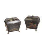 A MATCHED PAIR OF REGENCY TOLE PEINTE COAL SCUTTLES,
