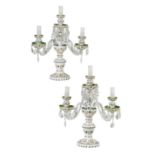 A PAIR OF FRENCH GREEN AND WHITE OVERLAID GLASS THREE LIGHT LUSTRE CANDELABRA,