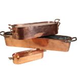 THREE VARIOUS COPPER FISH KETTLES,