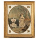 A GEORGE III SILKWORK PICTURE OF A GIRL BESIDE AN URN,