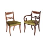 A SET OF EIGHT REGENCY MAHOGANY AND UPHOLSTERED DINING CHAIRS,