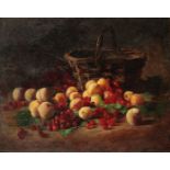 FRENCH SCHOOL, 19TH CENTURY A still life study of apricots, peaches and cherries beside a wicker bas