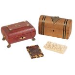 A REGENCY RED LEATHER FACED SEWING CASKET,