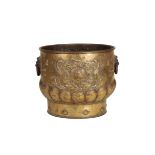 A DUTCH OR FLEMISH GILT REPOUSSE COPPER LOG BIN IN 17TH CENTURY STYLE,