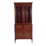 AN EDWARDIAN MAHOGANY, MARQUETRY AND GLAZED CABINET BOOKCASE,