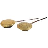 A GEORGE II BRASS AND WROUGHT IRON MOUNTED BED WARMING PAN,