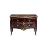 A STAINED HARDWOOD, GILT METAL AND MARBLE MOUNTED SERPENTINE FRONT COMMODE, IN LOUIS XV TASTE,